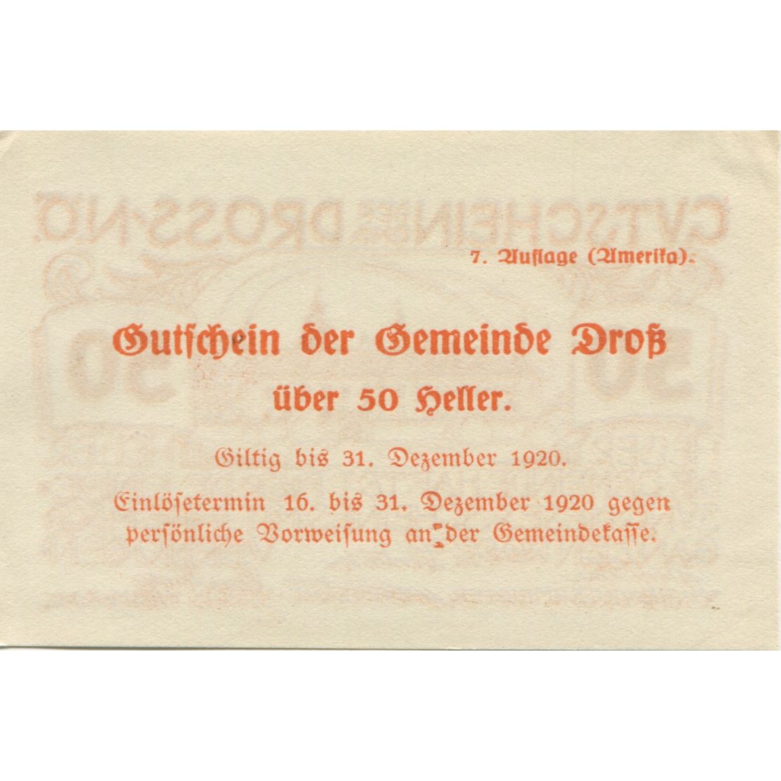 Nota, Áustria, Dross, 50 Heller, château 1920-12-31, UNC(63) Mehl:FS 135.1