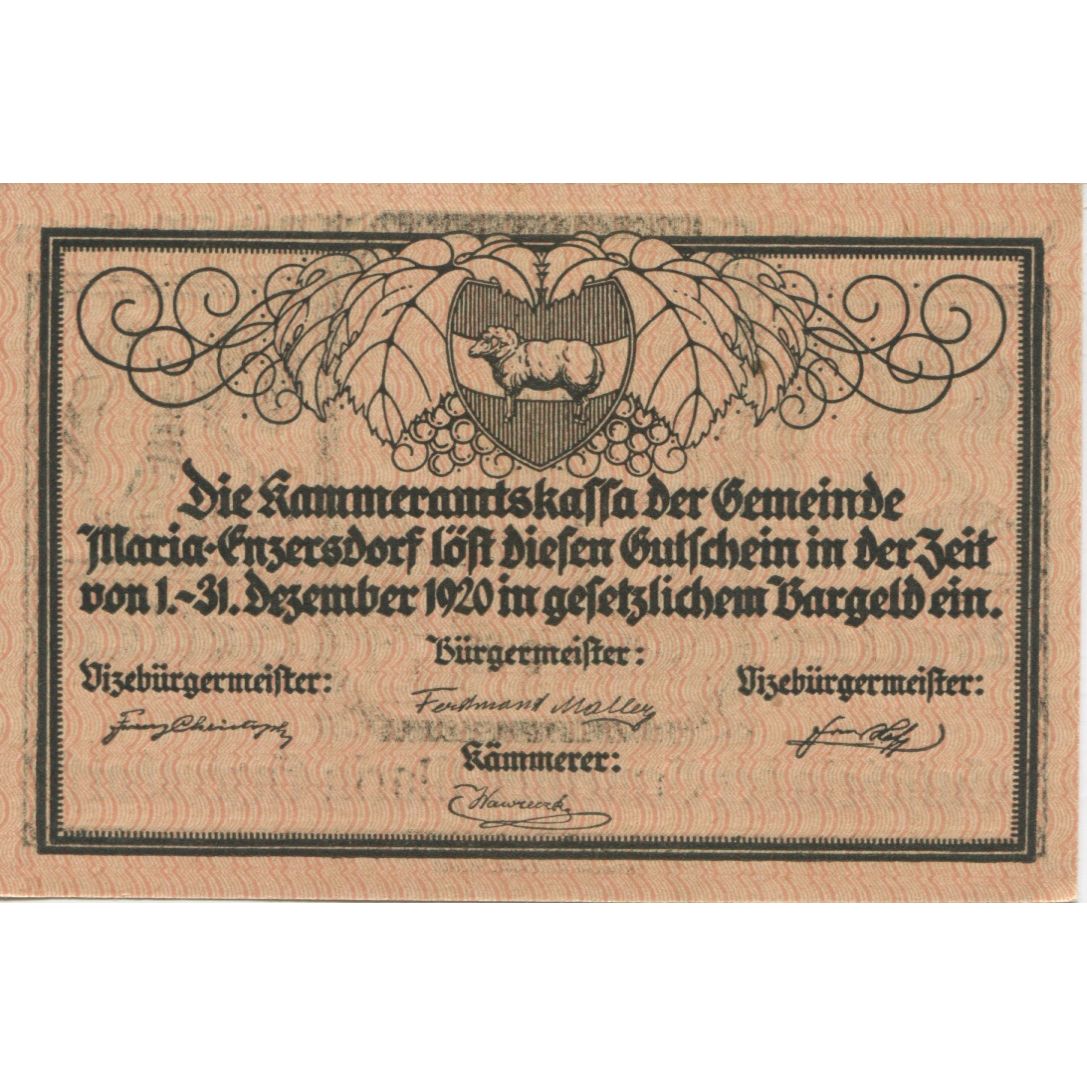 Geldschein, Österreich, Enzersdorf, 20 Heller, Monument, 1920 UNZ- Mehl:FS 582a