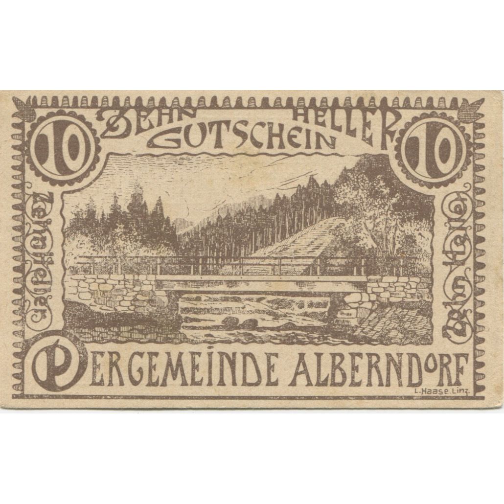 Geldschein, Österreich, Alberndorf, 10 Heller, paysage, 1920 VZ Mehl:FS 17a1