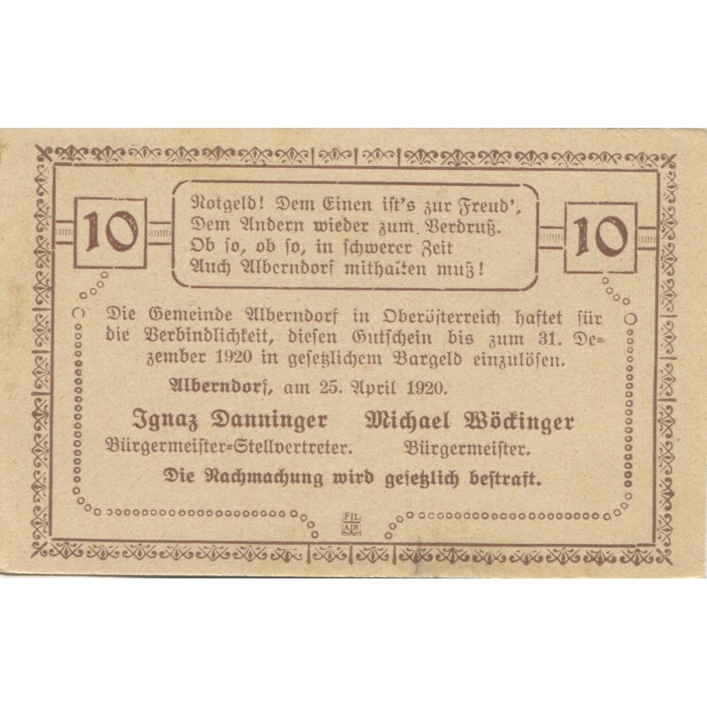 Geldschein, Österreich, Alberndorf, 10 Heller, paysage, 1920 VZ Mehl:FS 17a1