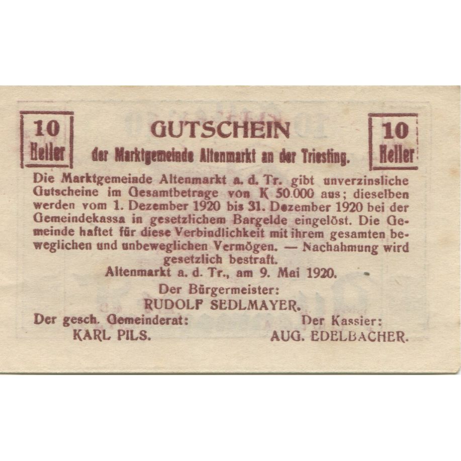 Biljet, Oostenrijk, Altenmarkt, 10 Heller, gare 1920-12-31, SUP, Mehl:FS 29a