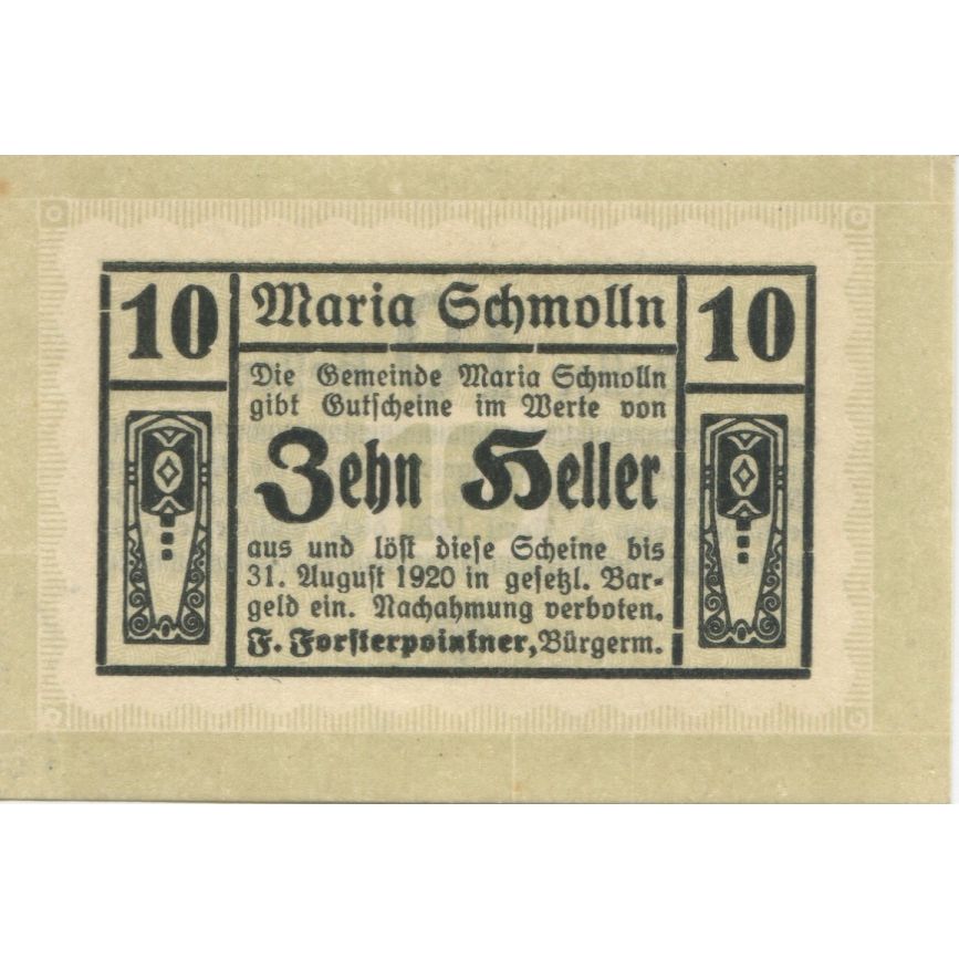 Banconote, Austria, Maria Schmolln O.Ö. Gemeinde, 10 Heller, Texte, 1920, SPL
