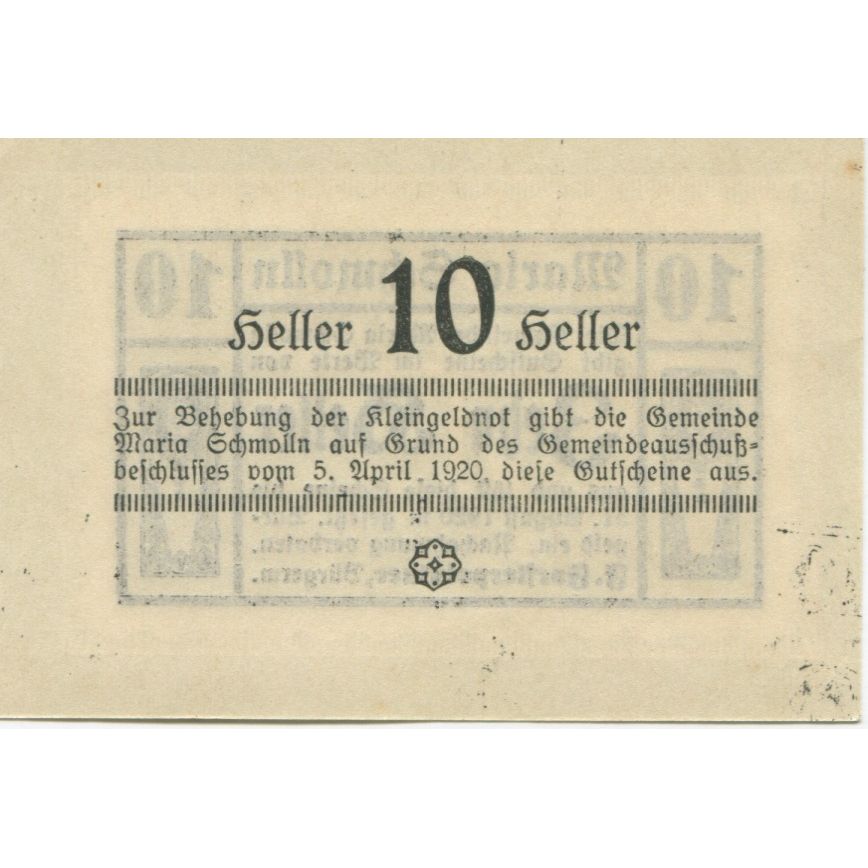 Banconote, Austria, Maria Schmolln O.Ö. Gemeinde, 10 Heller, Texte, 1920, SPL