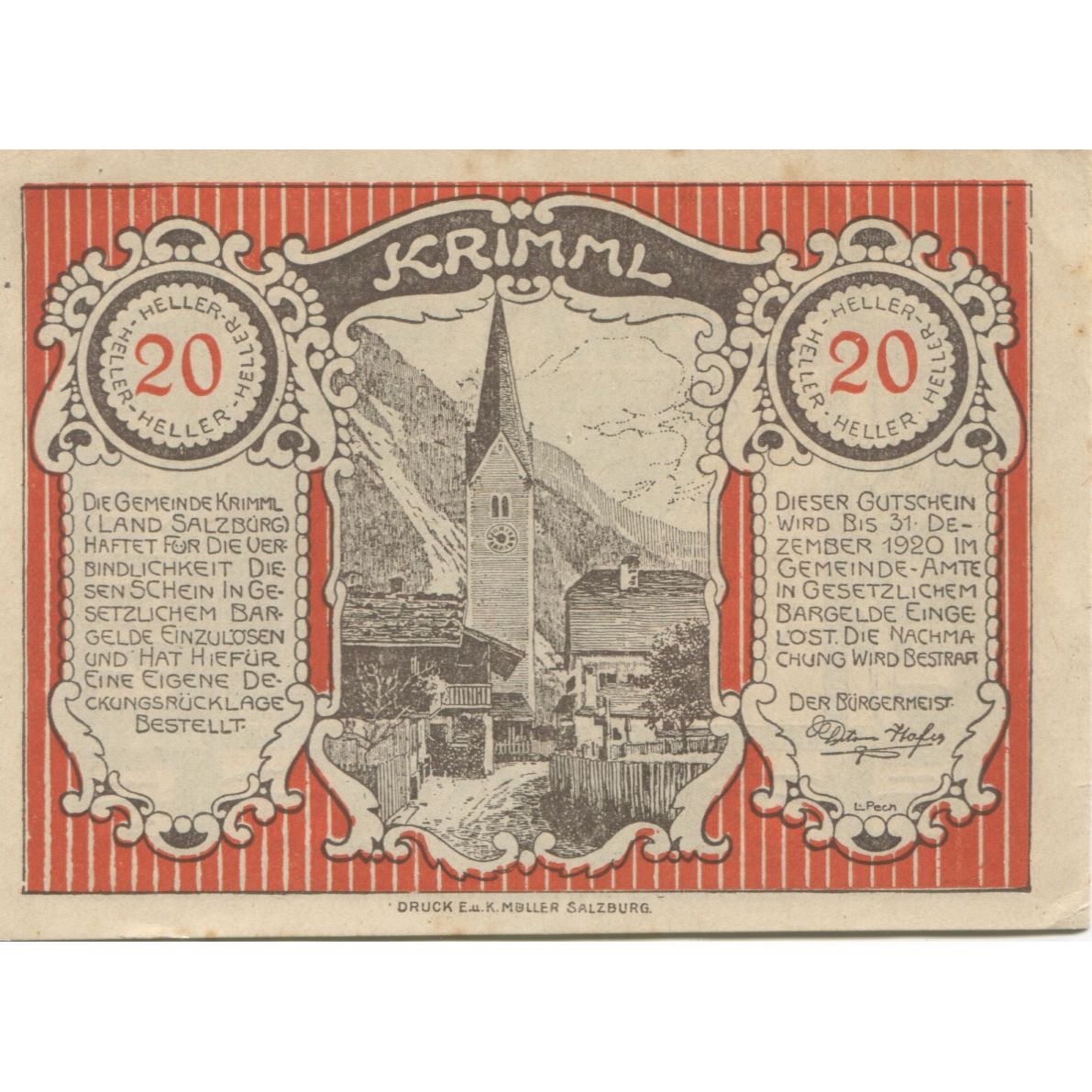 Banknote, Austria, Krimml, 20 Heller, Eglise, 1920 AU(55-58) Mehl:FS 483a
