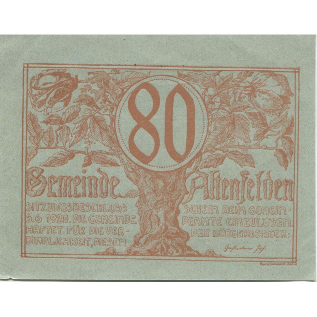 Geldschein, Österreich, Altenfelden, 80 Heller, chemin 1920 UNZ- Mehl:FS 27Ic