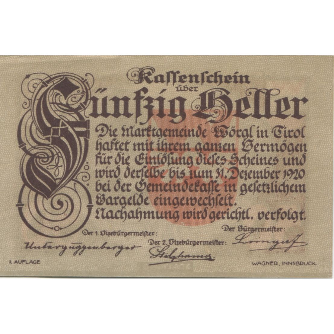 Banknote, Austria, Worgl, 50 Heller, montagne, 1920 UNC(63) Mehl:FS 1252a