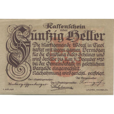 Banknote, Austria, Worgl, 50 Heller, montagne, 1920 UNC(63) Mehl:FS 1252a