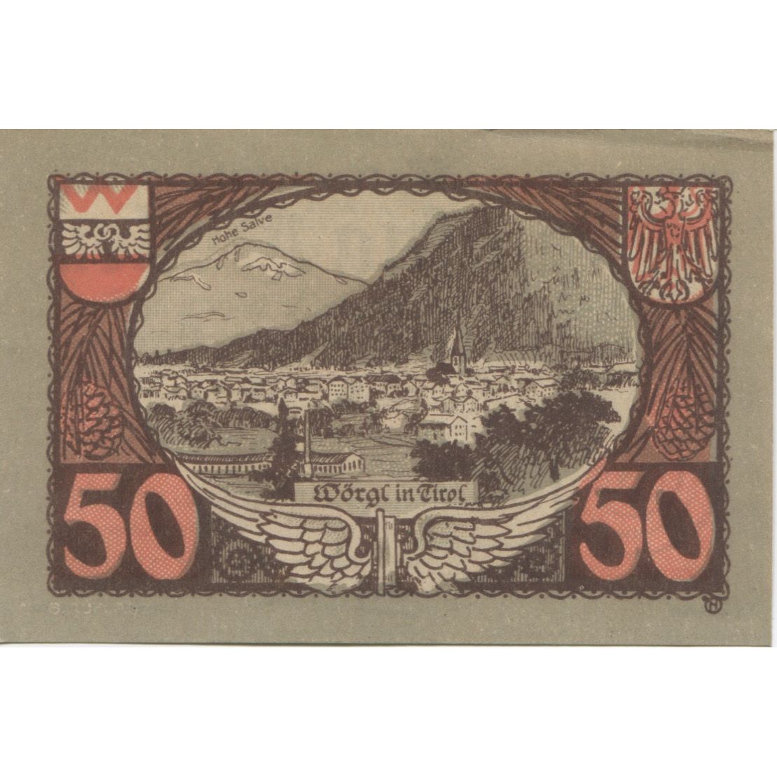 Banknote, Austria, Worgl, 50 Heller, montagne, 1920 UNC(63) Mehl:FS 1252a