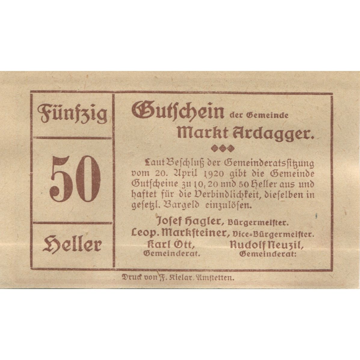 Banknote, Austria, Ardagger, 50 Heller, château, 1920 UNC(63) Mehl:FS 51Aa