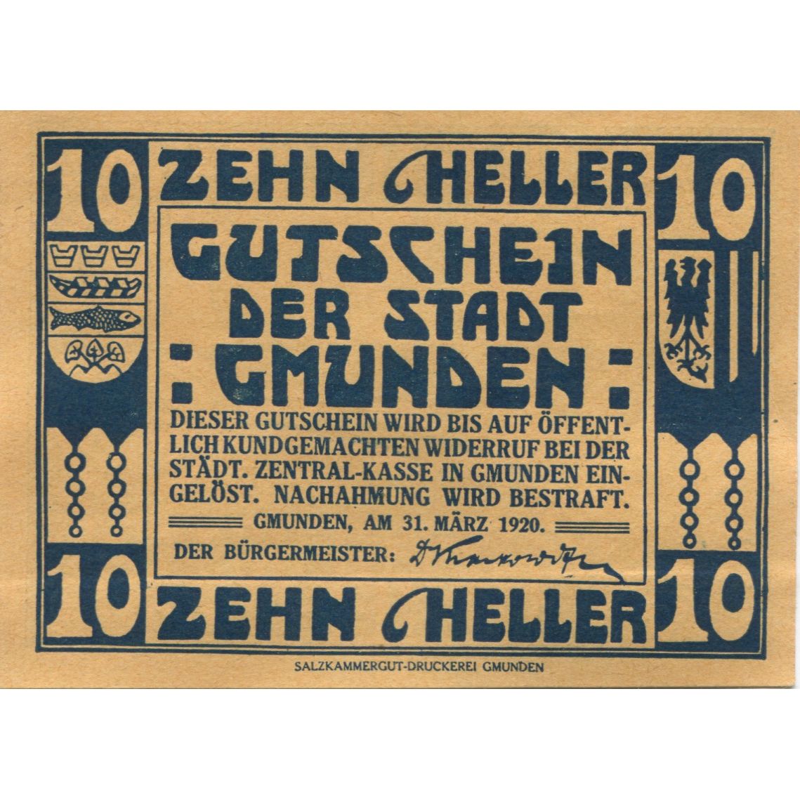 Billet, Autriche, Gmunden, 10 Heller, bateau 1920-03-31, SPL Mehl:FS 240IIb