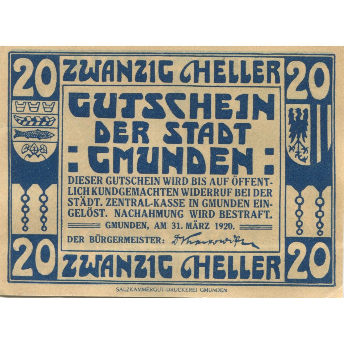 Geldschein, Österreich, Gmunden, 20 Heller, Texte, 1920 UNZ- Mehl:FS 240IIb