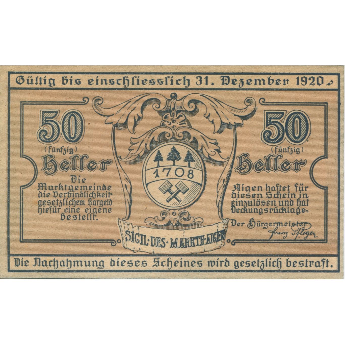 Geldschein, Österreich, Aigen, 50 Heller, Blason 1920 UNZ- Mehl:FS 121