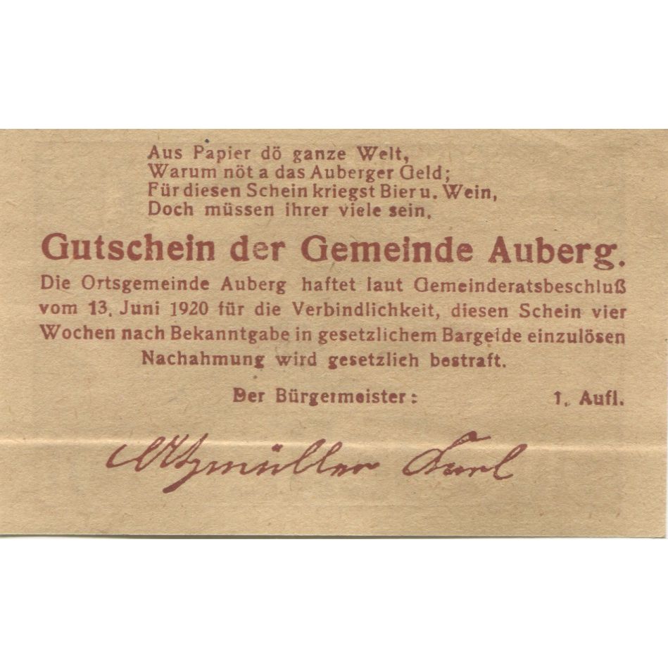Banknote, Austria, Auberg, 50 Heller, village, 1920 UNC(63) Mehl:FS 66bA