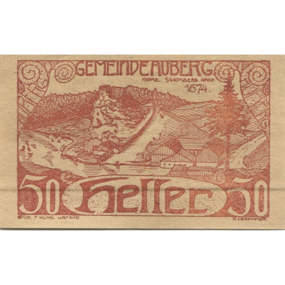 Banknote, Austria, Auberg, 50 Heller, village, 1920 UNC(63) Mehl:FS 66bA