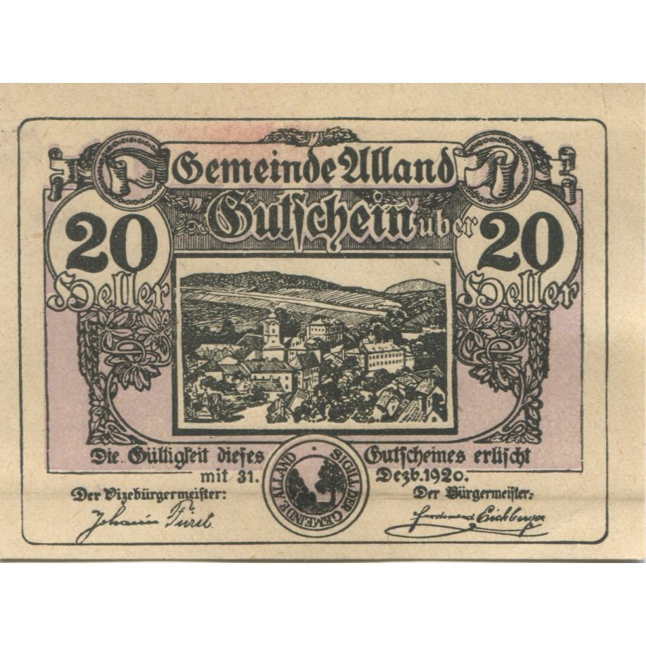 Banknote, Austria, Alland, 20 Heller, village, 1920 UNC(63) Mehl:FS 19a