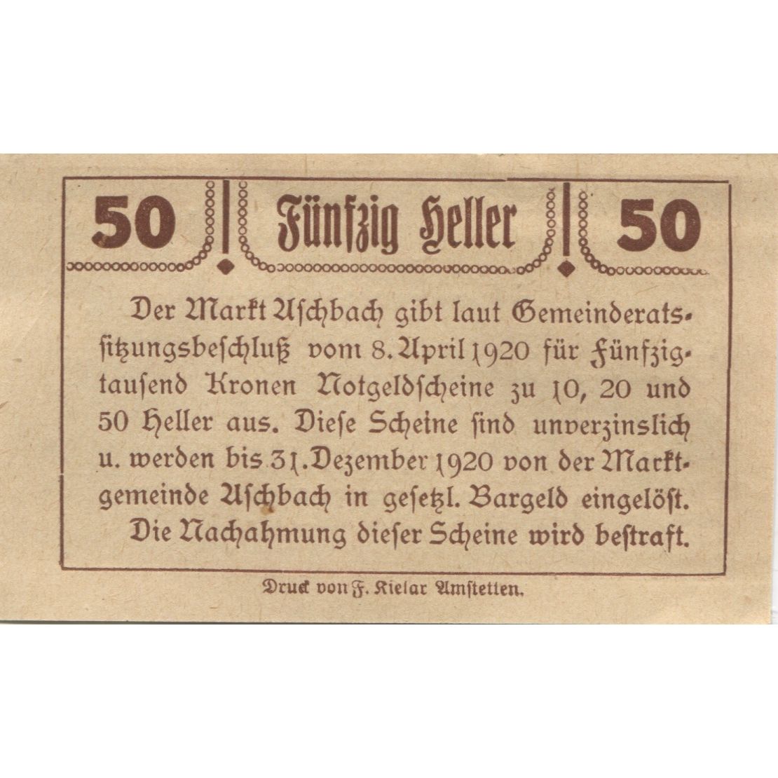 Banknote, Austria, Aschbach, 50 Heller, Eglise, 1920 UNC(63) Mehl:FS 55a