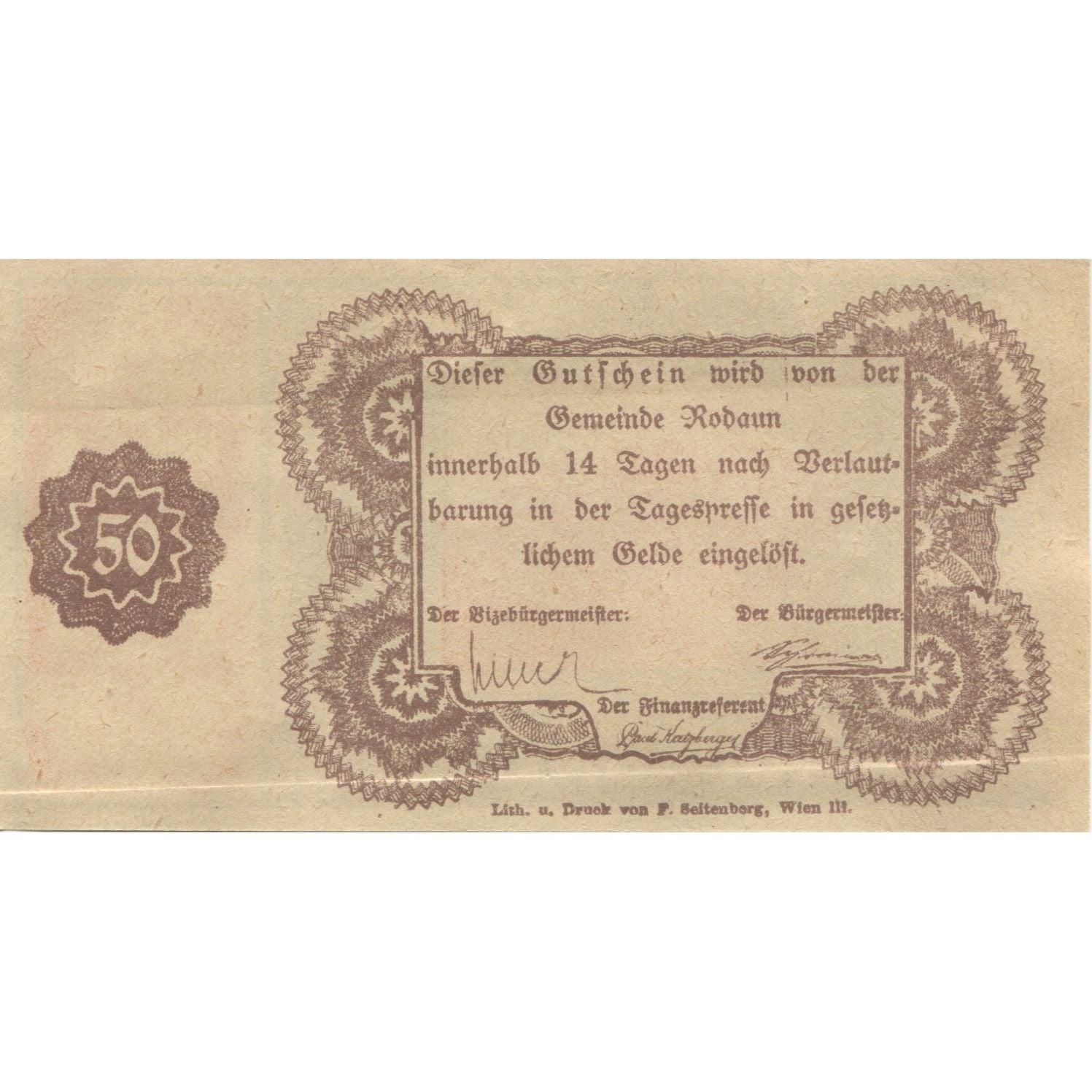 Banknote, Austria, Rodaun, 50 Heller, château, 1920, UNC(63), Mehl:FS 840IIa