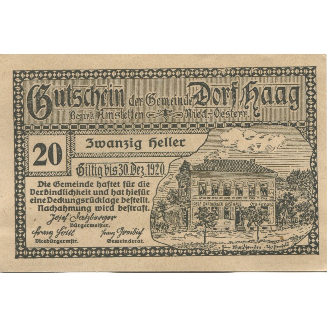 Geldschein, Österreich, Dorf Haag, 20 Heller, mairie 1920 UNZ- Mehl:FS 317c