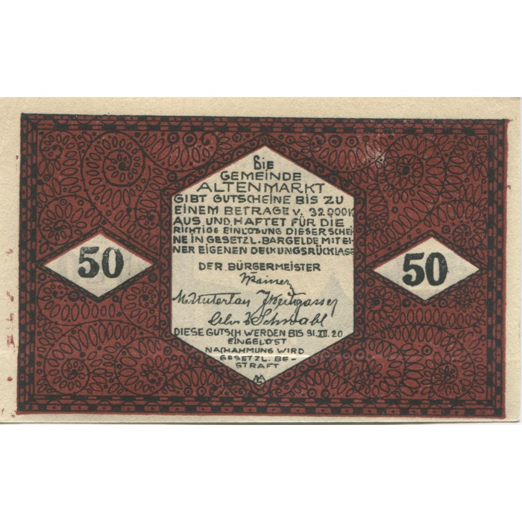 Banknote, Austria, Altenmarkt, 50 Heller, Eglise, 1920 UNC(63) Mehl:FS 31a