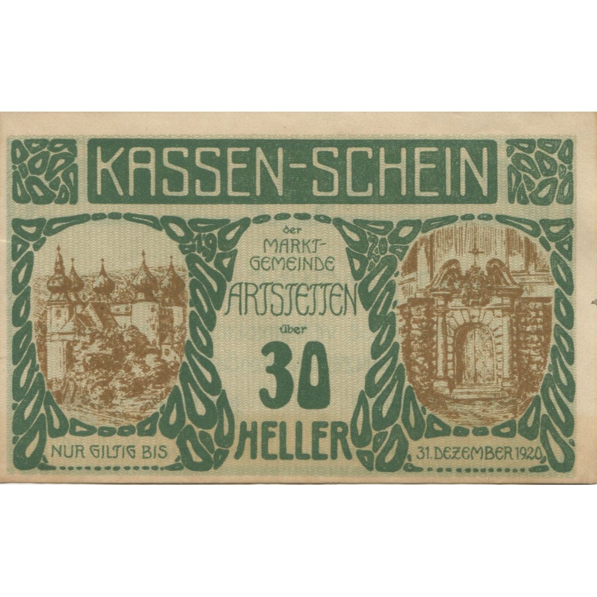 Geldschein, Österreich, Artstetten, 30 Heller, château, 1920 VZ Mehl:FS 52a