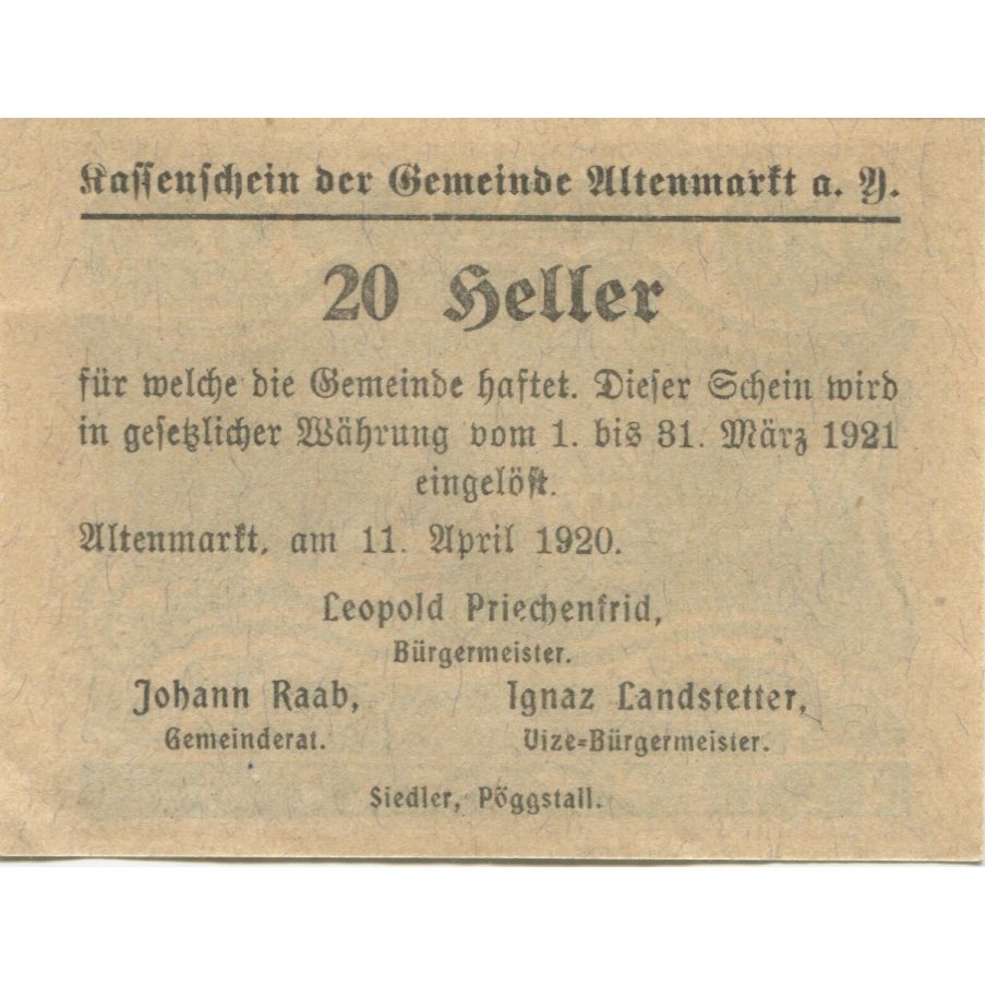 Banknote, Austria, Altenmarkt, 20 Heller, village, 1920 UNC(63) Mehl:FS 29b
