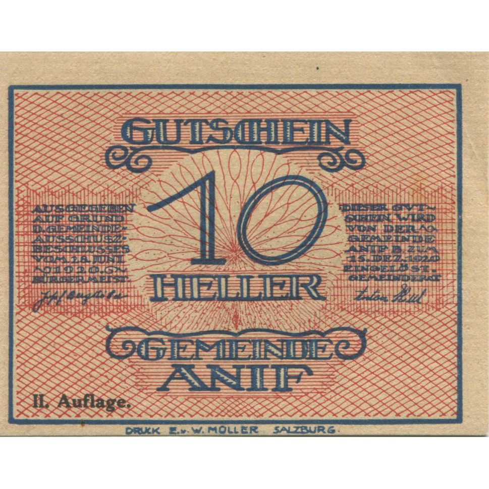 Geldschein, Österreich, Anif, 10 Heller, village 1920-12-15, UNZ- Mehl:FS 43b