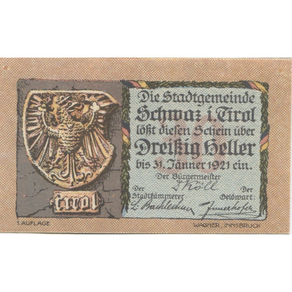 Banknote, Austria, Schwaz, 30 Heller, aigle 1920-12-31, UNC(63), Mehl:FS 983a