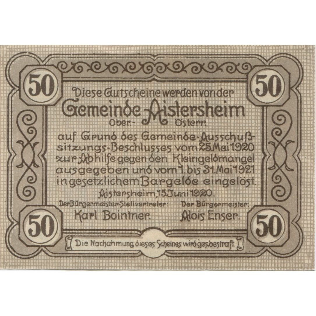 Geldschein, Österreich, Aistersheim, 50 Heller, château, 1921 UNZ- Mehl:FS 15a