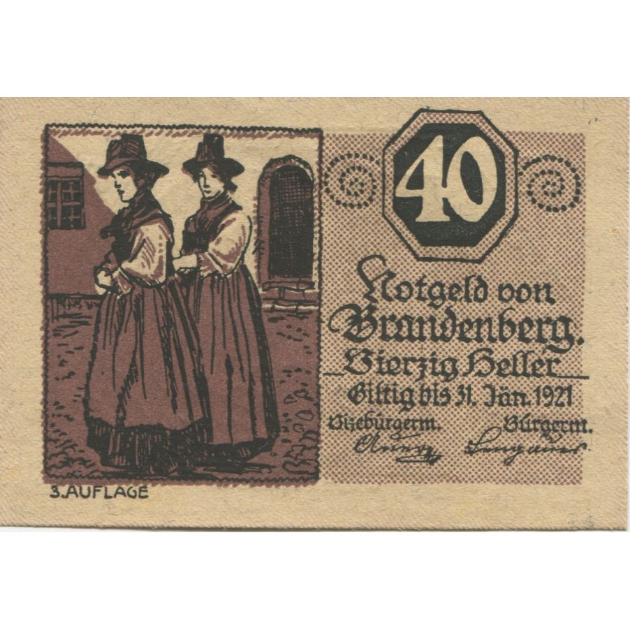 Banknote, Austria, Brandenberg, 40 Heller, personnage, 1920 UNC(63) Mehl:FS 99c