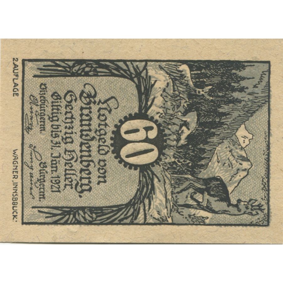 Nota, Áustria, Brandenberg, 60 Heller, cerf 1920-12-31, UNC(63), Mehl:FS 99c