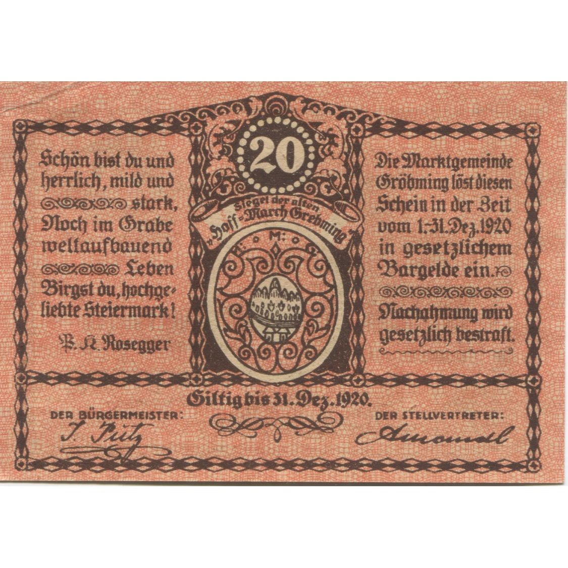 Billet, Autriche, Gröbming, 20 Heller, chalet 1920-12-31, SPL Mehl:FS 289a