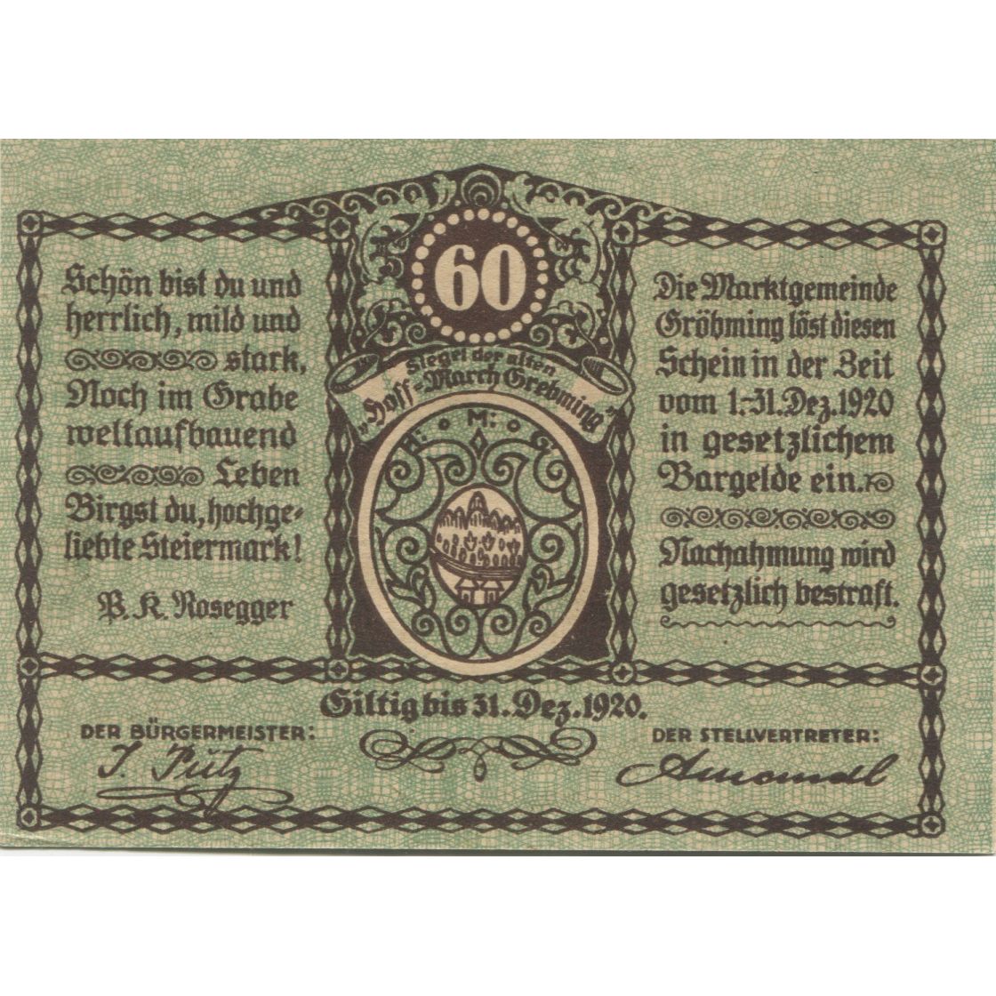 Banknote, Austria, Gröbming, 60 Heller, paysage, 1920 UNC(63) Mehl:FS 289a