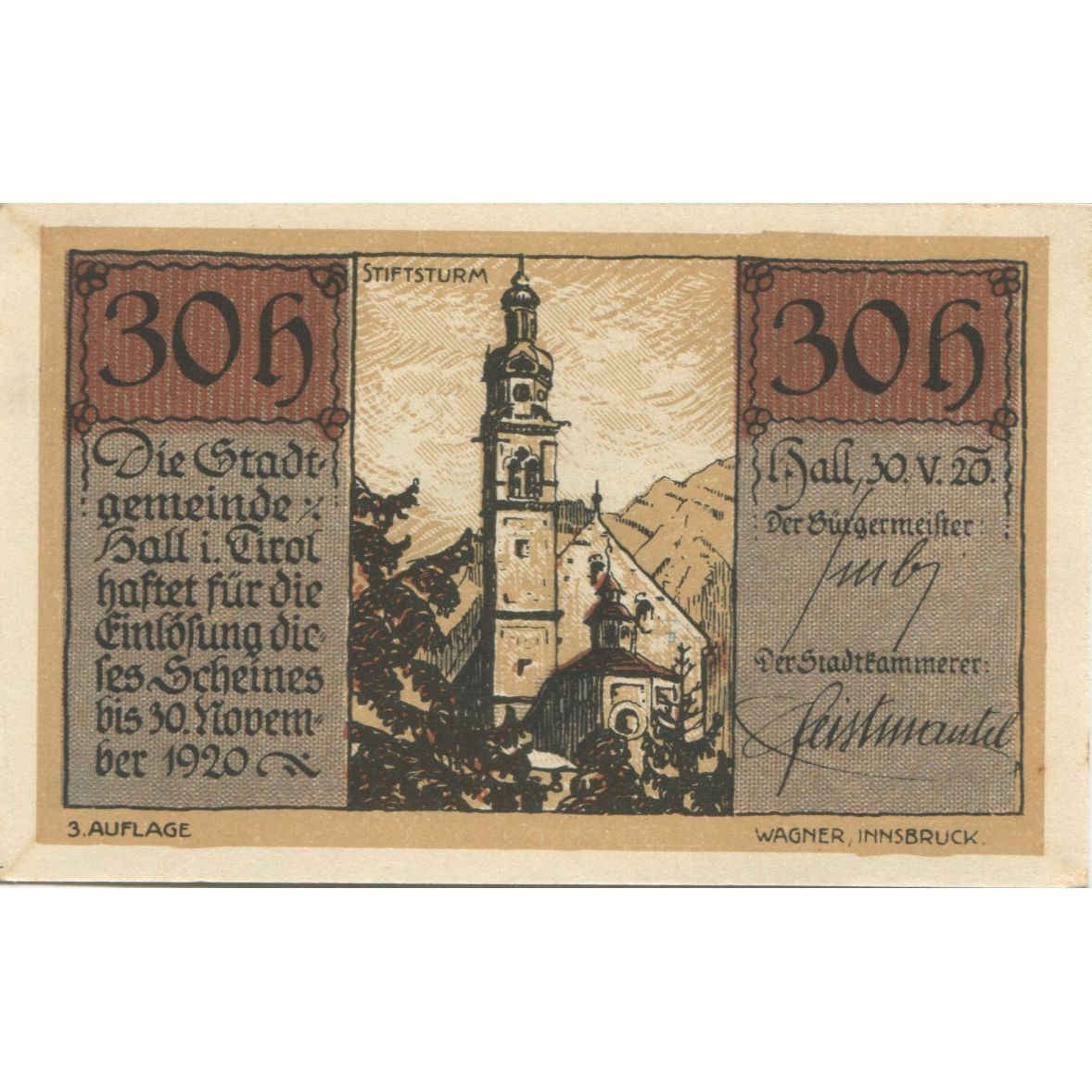 Geldschein, Österreich, Hall, 30 Heller, Eglise, 1920 UNZ- Mehl:FS 342IIc