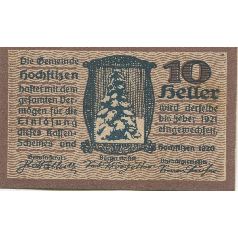 Banknote, Austria, Hochfilzen, 10 Heller, sapin, 1921, UNC(63), Mehl:FS 382c