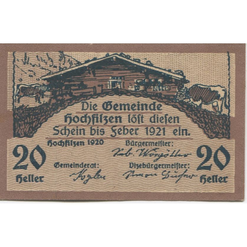 Geldschein, Österreich, Hochfilzen, 20 Heller, chalet, 1921, UNZ-, Mehl:FS 382c