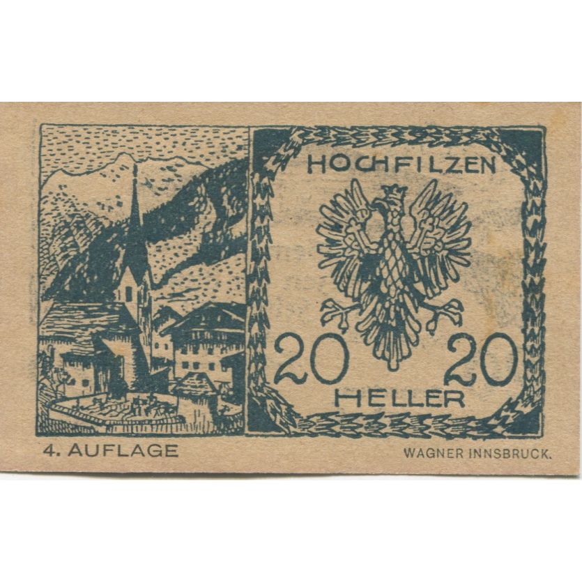 Geldschein, Österreich, Hochfilzen, 20 Heller, chalet, 1921, UNZ-, Mehl:FS 382c
