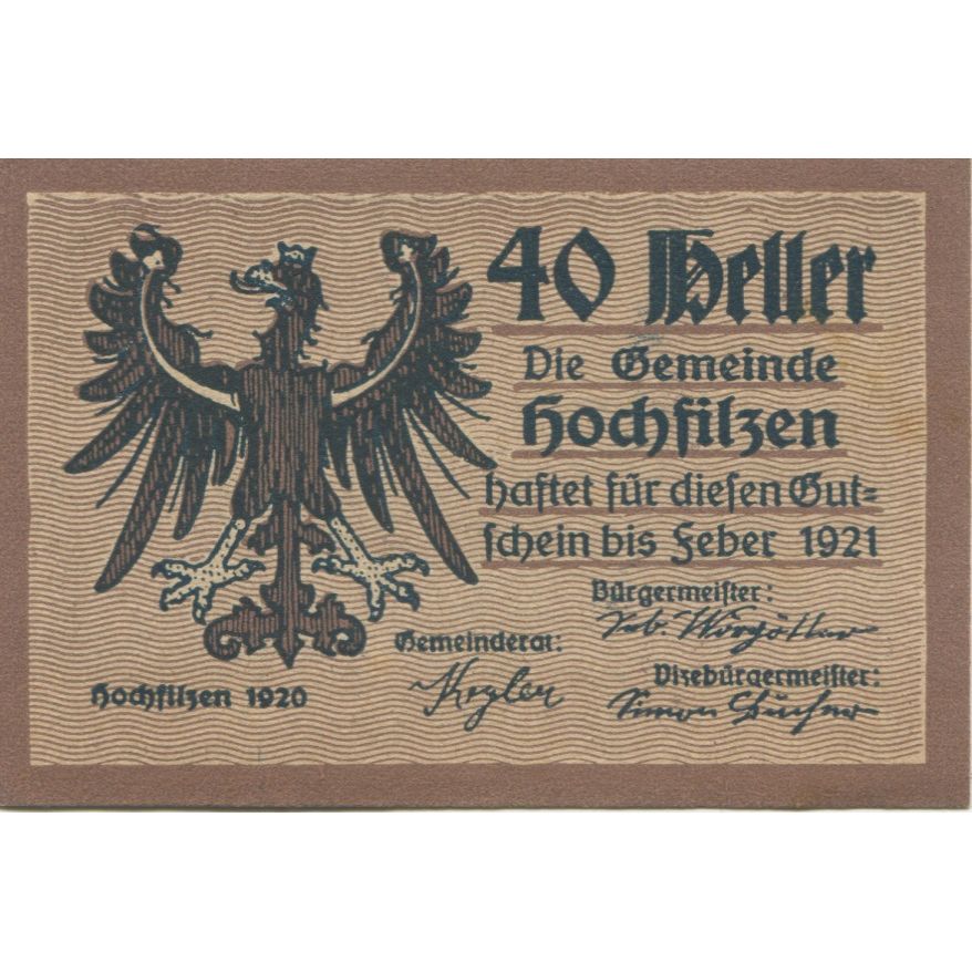 Banknote, Austria, Hochfilzen, 40 Heller, aigle, 1921, UNC(63), Mehl:FS 382c