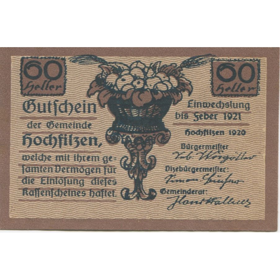 Geldschein, Österreich, Hochfilzen, 60 Heller, fruit, 1921, UNZ-, Mehl:FS 382c