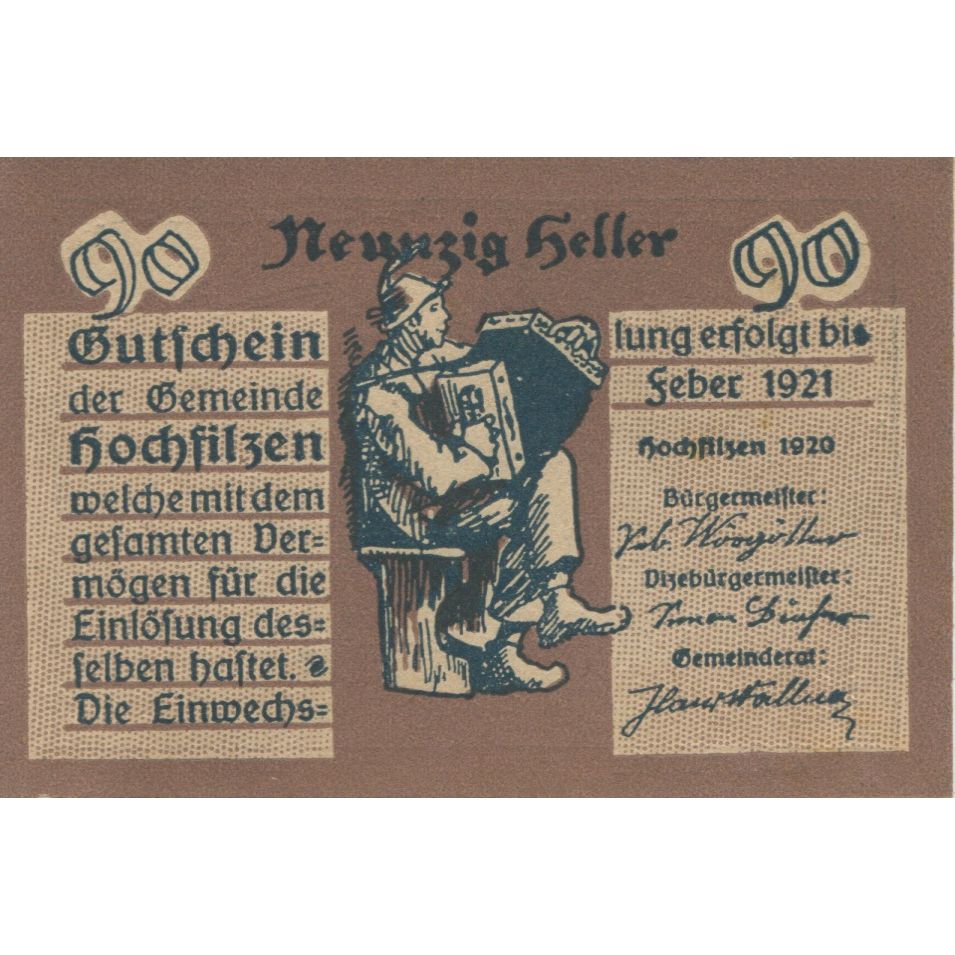 Banknote, Austria, Hochfilzen, 90 Heller, danse, 1921, UNC(63), Mehl:FS 382c