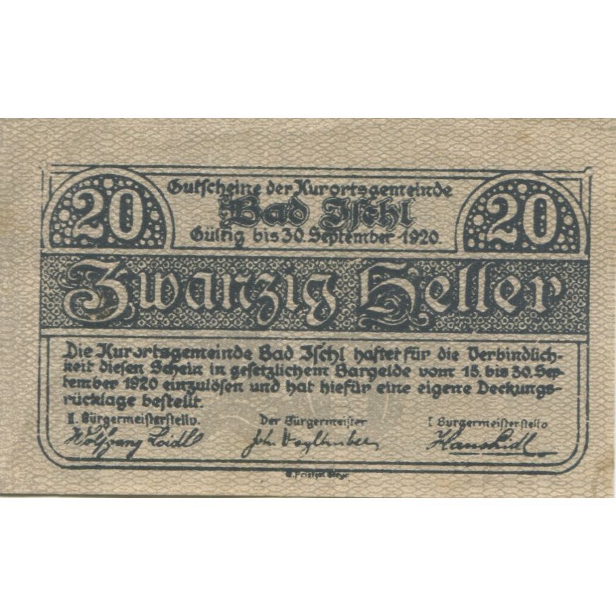 Geldschein, Österreich, Bad Ischl, 20 Heller, Texte 1920 UNZ- Mehl:FS 77a