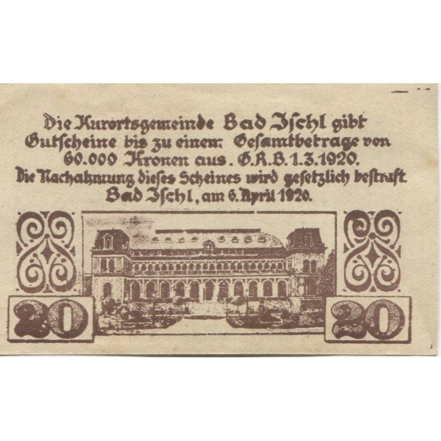 Geldschein, Österreich, Bad Ischl, 20 Heller, Texte 1920 UNZ- Mehl:FS 77a