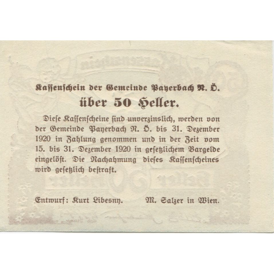 Banknote, Austria, Payerbach, 50 Heller, paysage, 1920 UNC(63) Mehl:FS 725