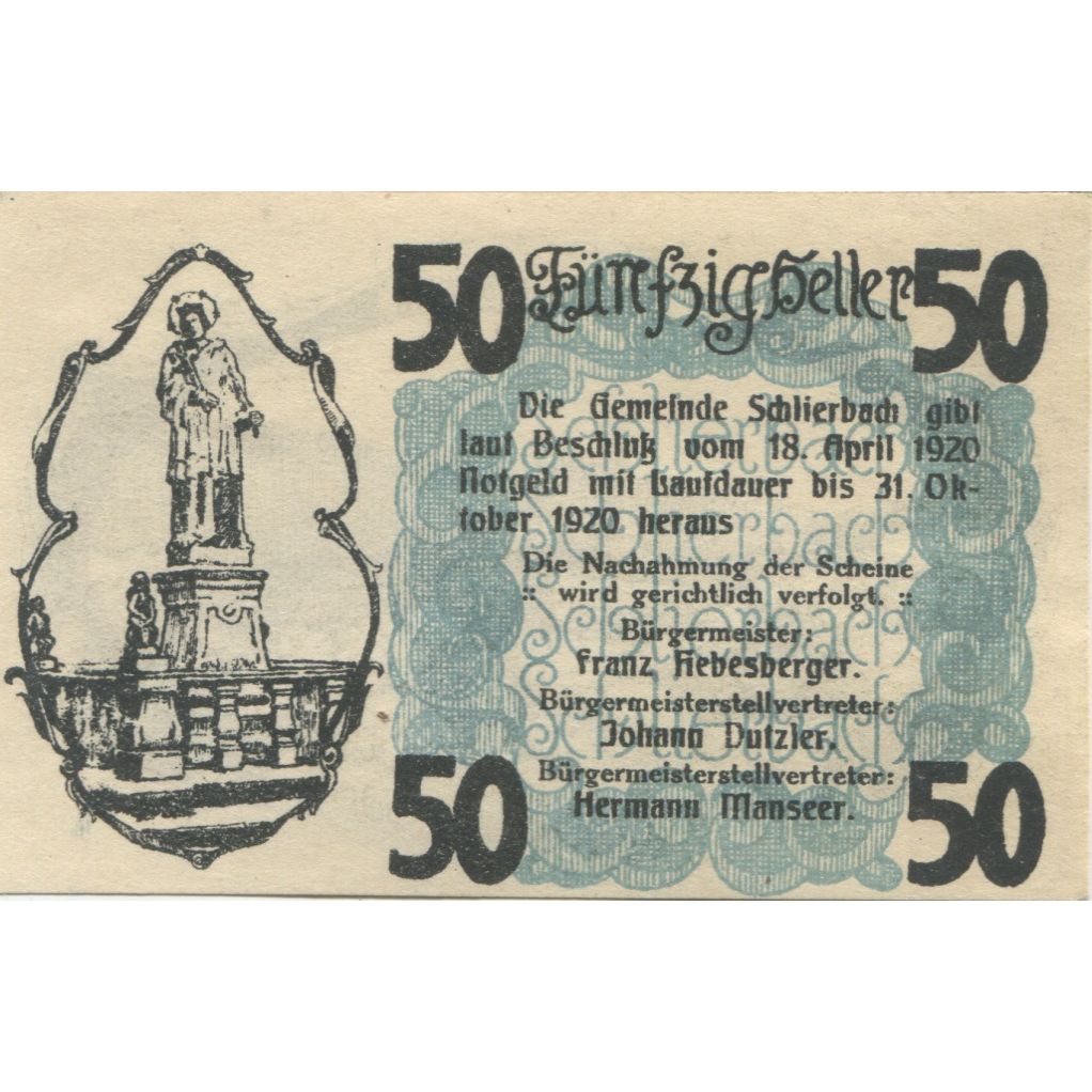Banknote, Austria, Schlierbach, 50 Heller, château, 1920 UNC(63) Mehl:FS 962I
