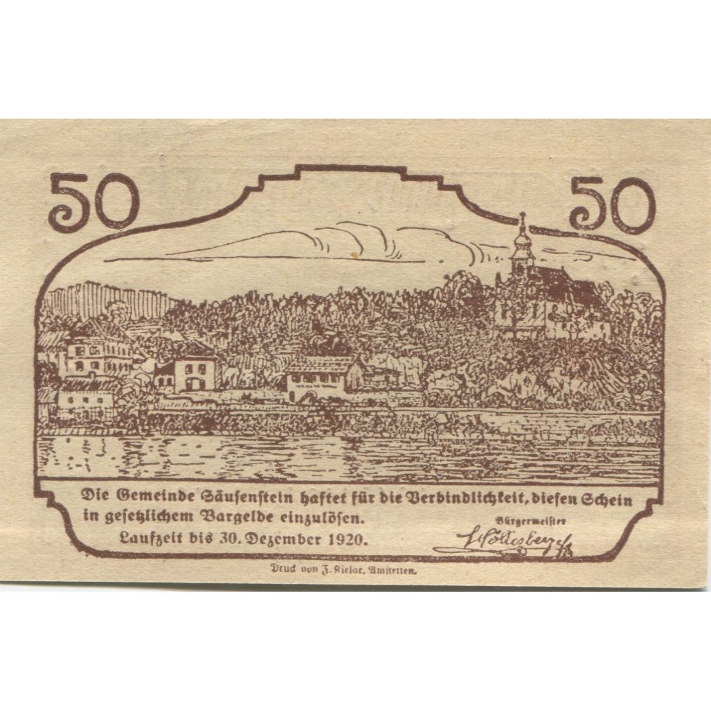Banknote, Austria, Säusenstein, 50 Heller, personnage, 1920 UNC(63) Mehl:FS 950c