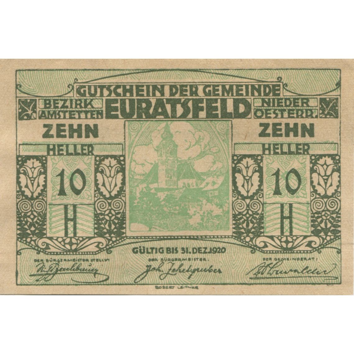 Geldschein, Österreich, Euratsfeld, 10 Heller, Eglise, 1920, UNZ- Mehl:FS 192a