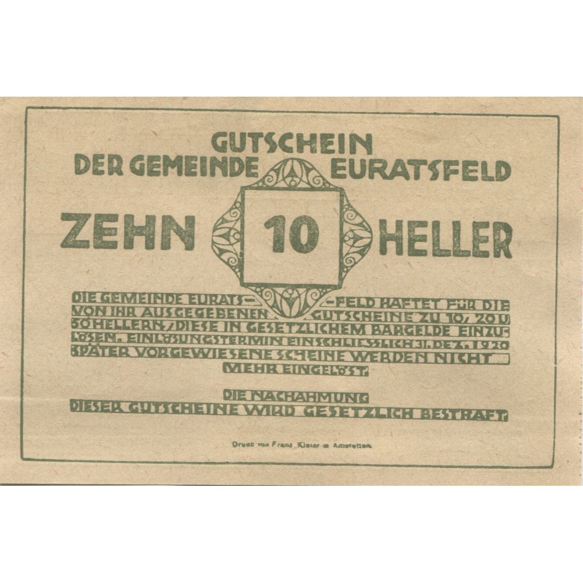 Geldschein, Österreich, Euratsfeld, 10 Heller, Eglise, 1920, UNZ- Mehl:FS 192a