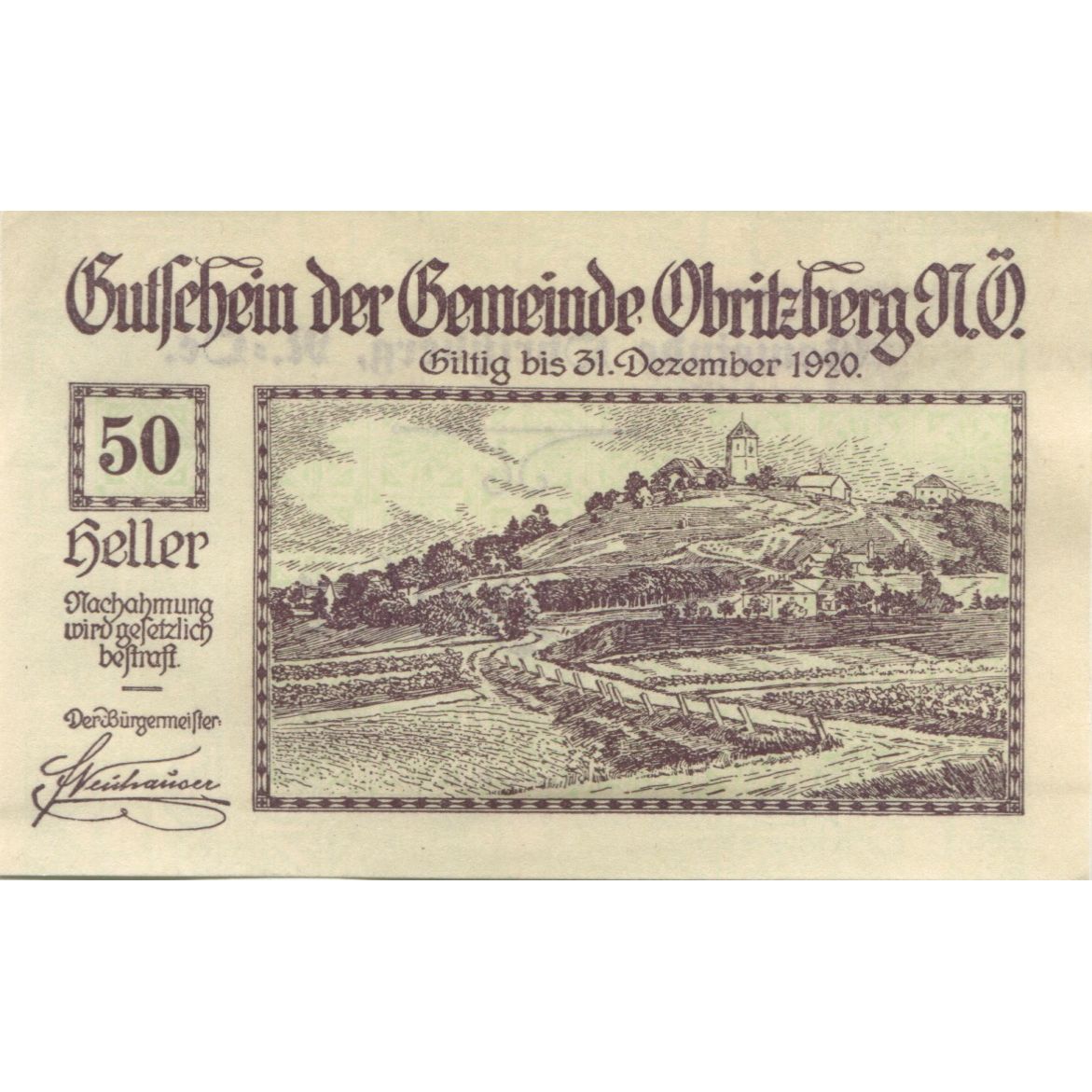 Banknote, Austria, Obritzberg, 50 Heller, paysage, 1920 UNC(63) Mehl:FS 701a