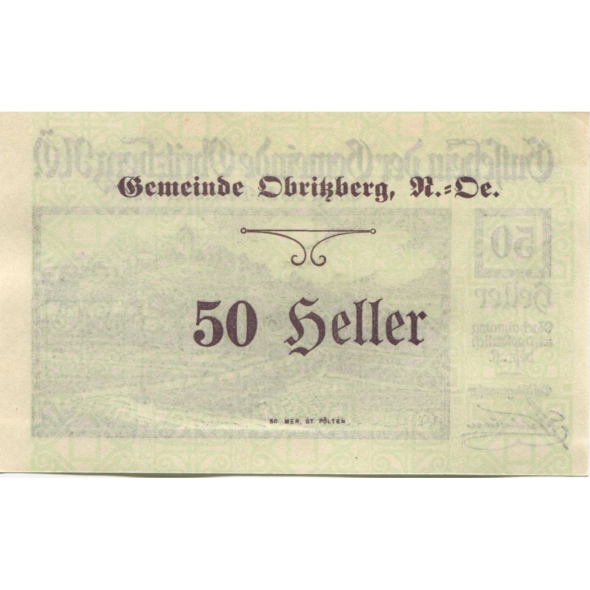 Banknote, Austria, Obritzberg, 50 Heller, paysage, 1920 UNC(63) Mehl:FS 701a
