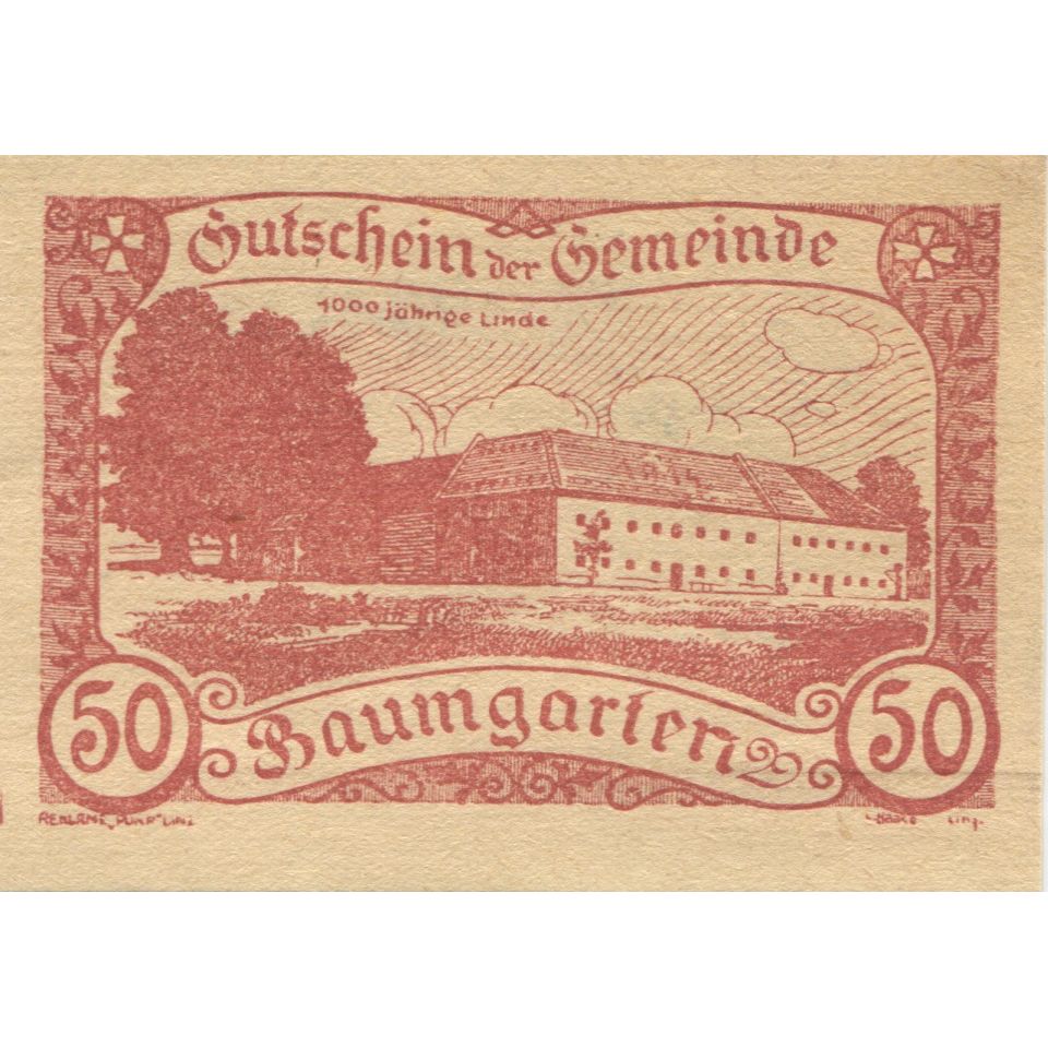 Geldschein, Österreich, Baumgarten, 50 Heller, château, 1921 UNZ- Mehl:FS 78c