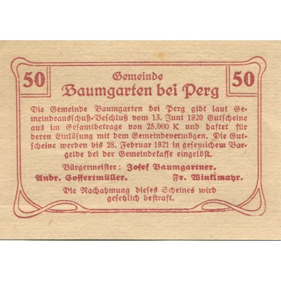 Geldschein, Österreich, Baumgarten, 50 Heller, château, 1921 UNZ- Mehl:FS 78c